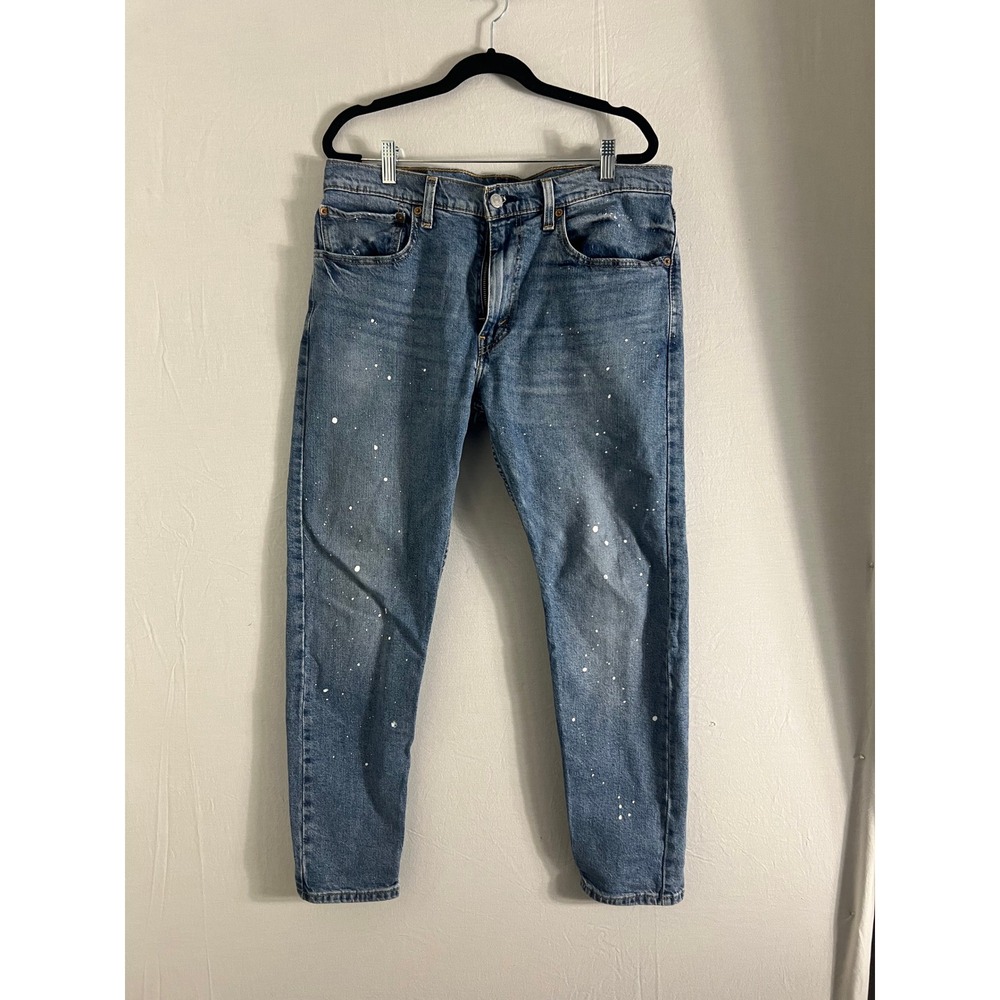 Levis 512 Slim Taper Jeans Mens 34x30 Blue Paint Splatter Distressed Denim